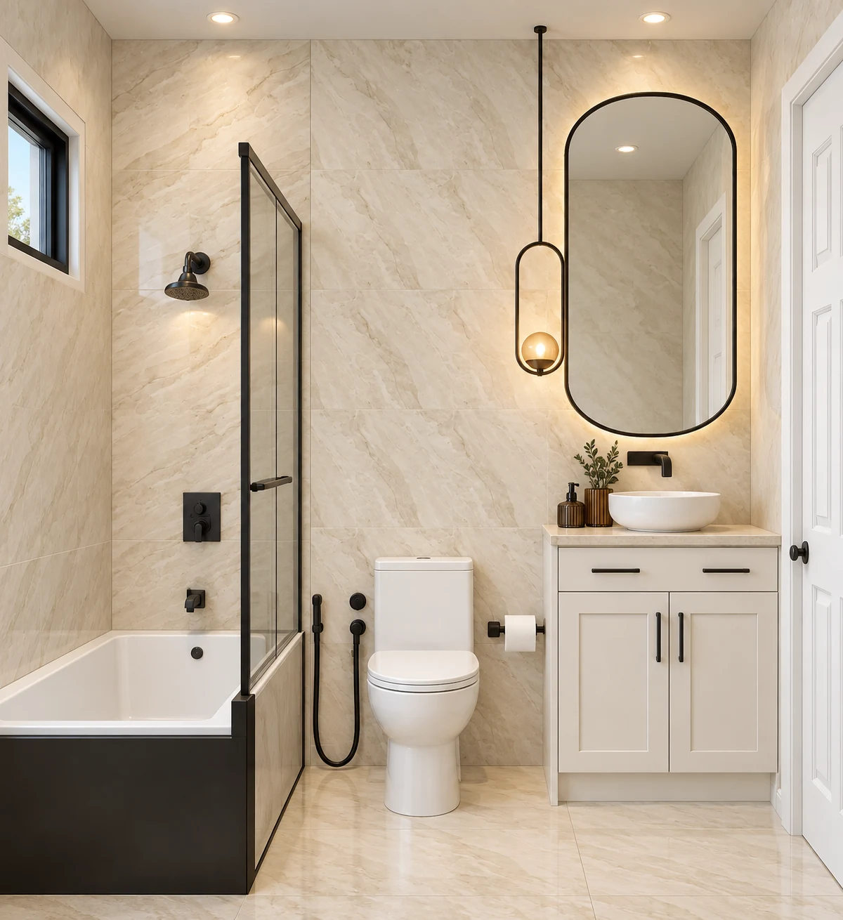 Bright bathroom with warm stone finishes