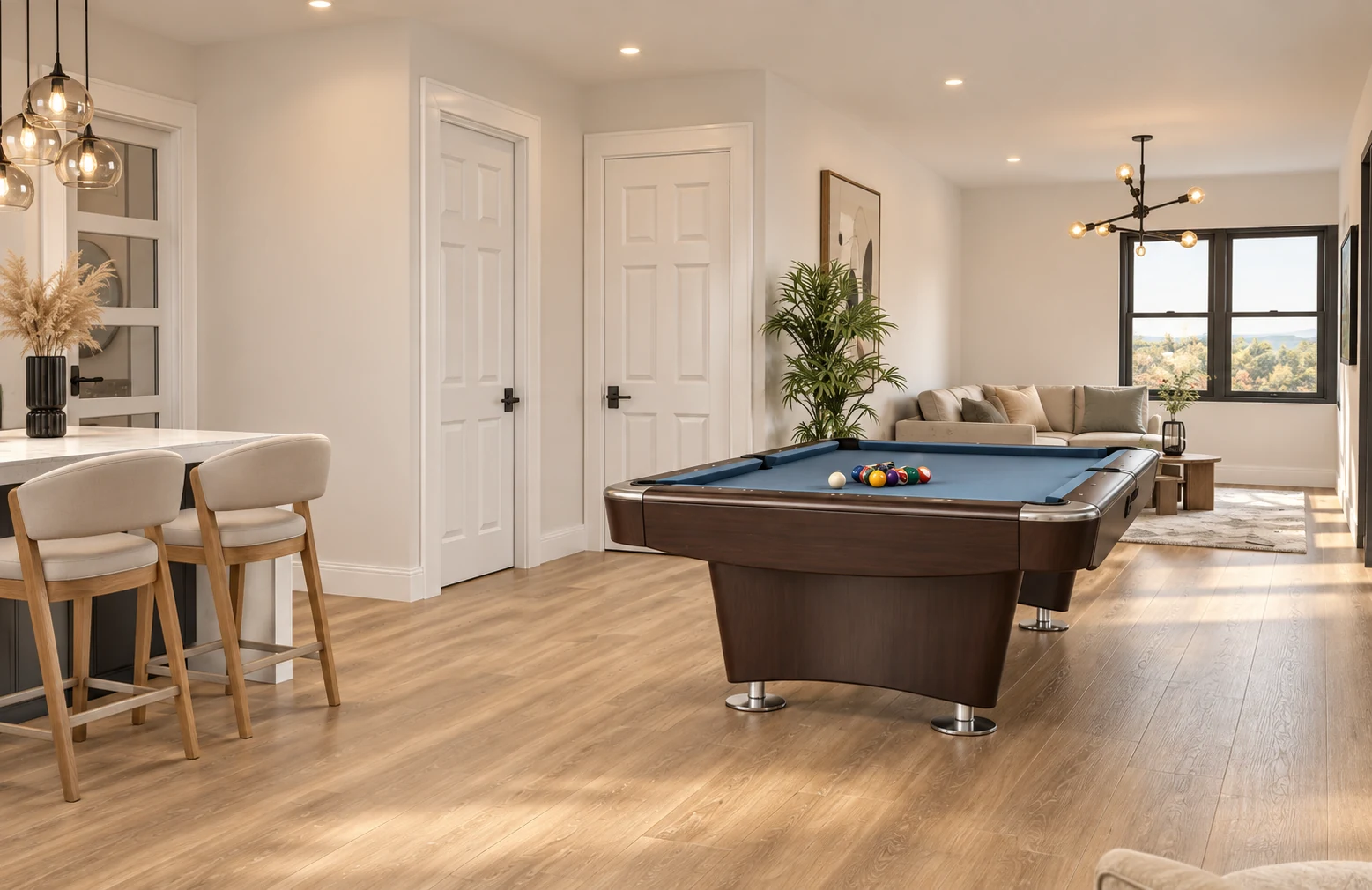 Wide entertaining space with pool table and living area