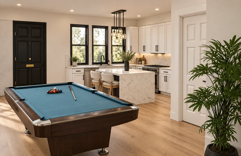Bright ADU interior with kitchen and entertaining space