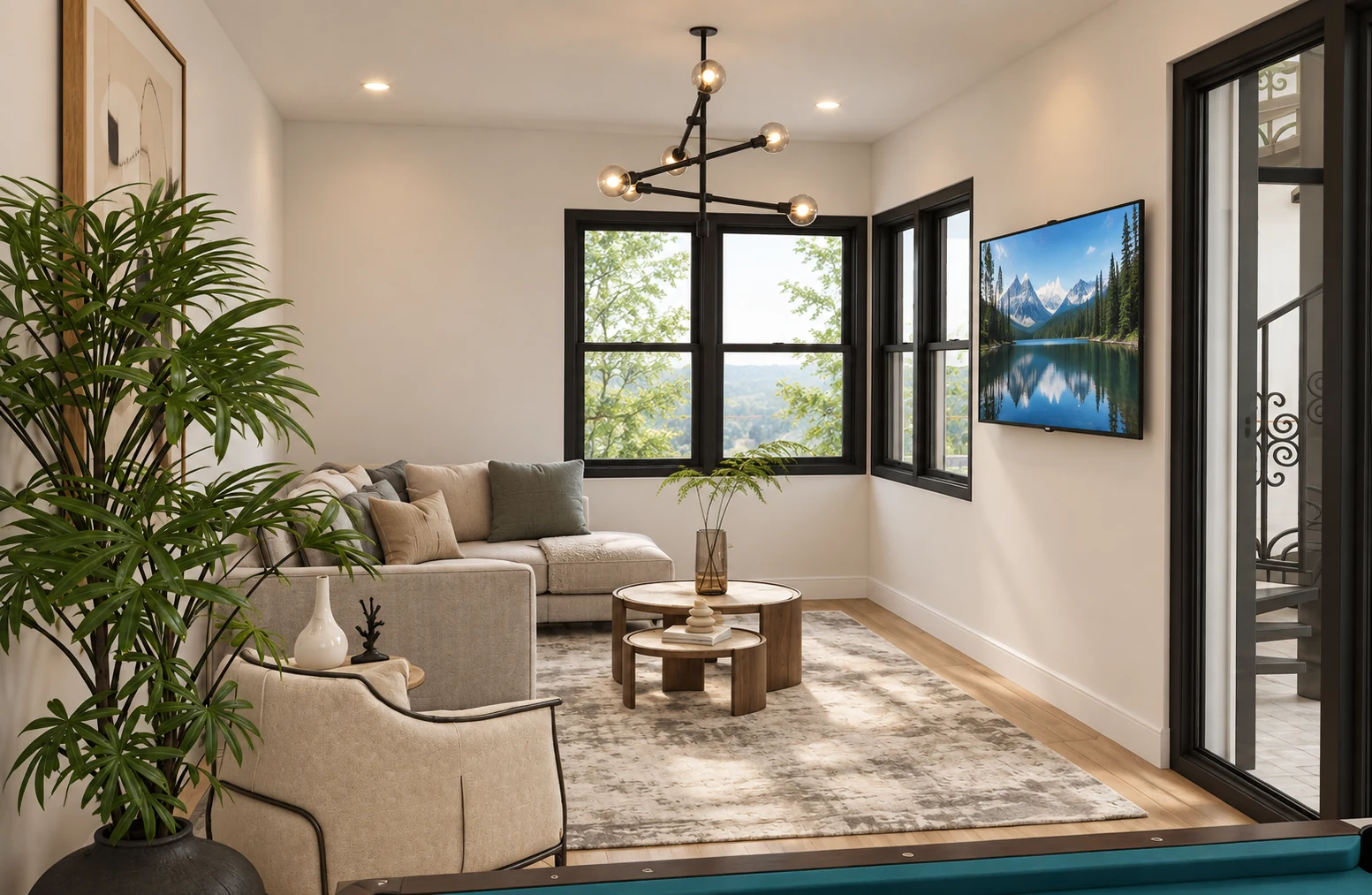 Bright living area with large black-framed windows